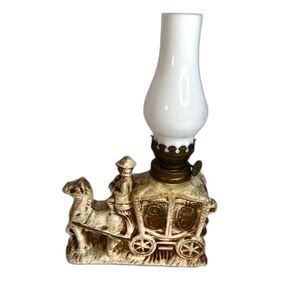 VTG Porcelain Oil Lamp Horse & Carriage Porcelain Coachman & Lady Glass Chimney